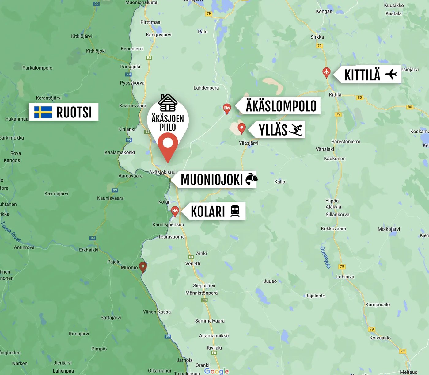 Äkäsjoen Piilo, Ylläs, Äkäslompolo, Kittilä ja Kolari kartalla